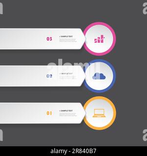 Farbenfrohes, modernes Infografiedesign – Nummerierte Listenelemente mit Symbolen in Pfeilform Stock Vektor