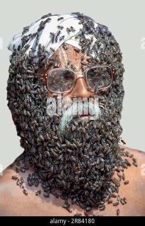 Cutout, Bienenbart, verstorbener Mr. Rangaramanujam kannaian, Gesicht des Menschen bedeckt mit Bienen, Coimbatore, Tamil Nadu, Südindien, Indien, Asien Stockfoto