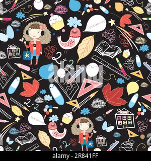 Nahtloses Muster verschiedener Schulfächer und Vögel auf schwarzem Hintergrund Stock Vektor