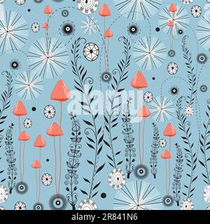 Nahtloses Blumenmuster mit roten Pilzen auf blauem Hintergrund Stock Vektor