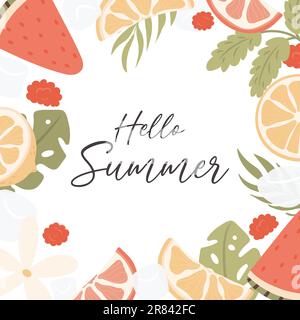 „Hello Summer“-Konzeptkarte mit Zitrusfrüchten. Vektordarstellung Stock Vektor