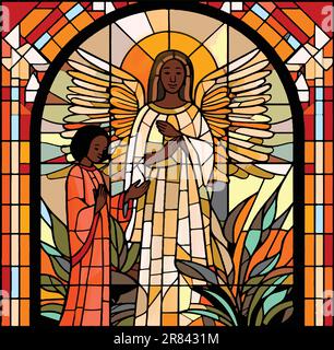 Buntglasfenster mit der afrikanischen Jungfrau Maria und Erzengel Gabriel, Verkündung Stock Vektor