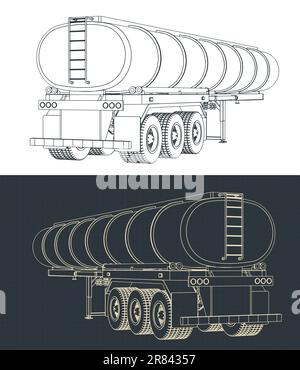Stilisierte Vektordarstellungen von Bauplänen eines Tankwagens Stock Vektor