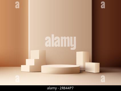 3D realistische Studiozimmer in Beige, Podiumständer mit Treppenstufen und geometrischen Elementen auf braunem Hintergrund. Produktausstellung für Kosmetikartikel Stock Vektor