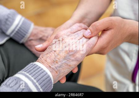 Nahaufnahme der Hand der Seniorin mit ihrer Pflegekraft, die den Händen hilft, die Hände zusammenzuhalten, Besuch der Pflegekraft zu Hause. Hausgesundheitsfürsorge und Pflegeheim-Konzept. Hochwertiges Foto Stockfoto