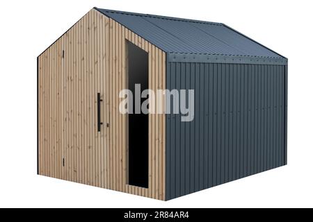 Gartenaufbewahrung, modern, aus Holz, auf weißem Hintergrund. Stockfoto