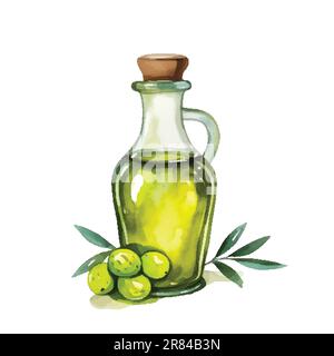 Vektordarstellung der Olive-Flasche. Handgezeichnetes Aquarellgemälde auf weißem Hintergrund Stock Vektor