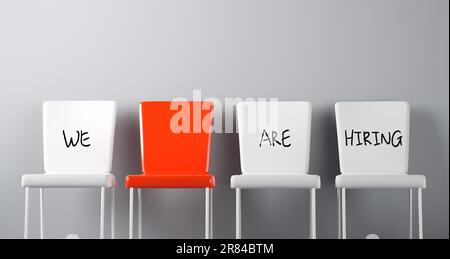 Stellenbesetzung und Beschäftigungskonzept. Stellenausschreibung. Die Worte, die wir einstellen, stehen auf den Bürostühlen, die die freie Stelle repräsentieren. 3 Stockfoto