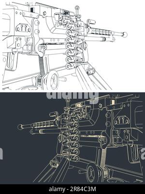 Stilisierte Vektordarstellungen schwerer Maschinengewehre in Nahaufnahme Stock Vektor