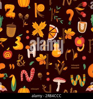 Cartoon-Buchstaben oder -Zahlen für Herbst und Thanksgiving nahtlos. Herbstschriftvektor Hintergrund des Herbstfestivals mit Kürbissen, Apfel und Mais, Ahornkuchen und Eicheln Stock Vektor