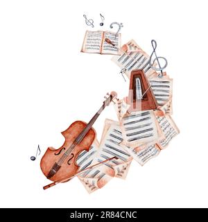 Aquarelle Hintergrundmusik mit Violine, Schleife, Noten, Höhen- und Bassklumpen, Metronom und Notenblättern. Handgezeichnetes Designelement Stockfoto