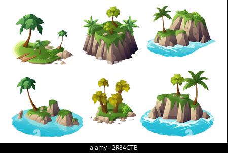 ui-Set-Vektordarstellung der Insel mit Palmen und Meer isoliert auf weißem Hintergrund Stock Vektor