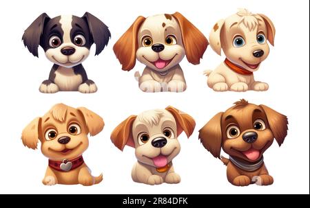 ui-Set-Vektordarstellung von süßem Welpen verschiedener Hunderassen isoliert auf weißem Hintergrund Stock Vektor