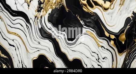 Abstrakter strukturierter Marmor in Schwarz, Weiß und Gold. Marmor mit goldenen Adern. Luxuriöser natürlicher Hintergrund. Marmorwirbel oder Wellen von Achat Stock Vektor