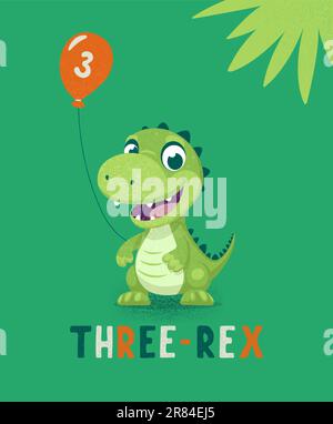 Vector Happy und lächelnder Dinosaurier. Cartoon Grüner Dinosaurier Tyrannosaurus Rex, Tyrex mit Umriss auf Skateboard, Designvorlage, Skater Dinosaurier. Komisch Stock Vektor