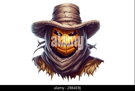 Halloween-Kürbis-Vogelscheuche auf weißem Hintergrund mit dem Mond in einer gruseligen Nacht. Stock Vektor