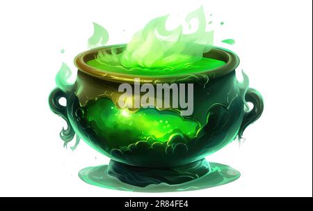 Schwarzer Kessel mit grüner Hexenmagie-Bouillon Stock Vektor