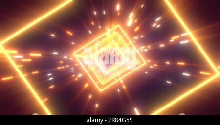 Abstrakter orangefarbener Energie futuristischer High-Tech-Tunnel mit fliegenden Linien Neonmagie leuchtender Hintergrund. Stockfoto