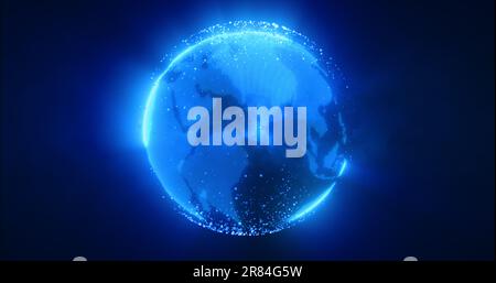 Abstrakter blauer Planet Erde mit futuristischen High-Tech-Partikeln strahlend magische Energie, abstrakter Hintergrund. Stockfoto