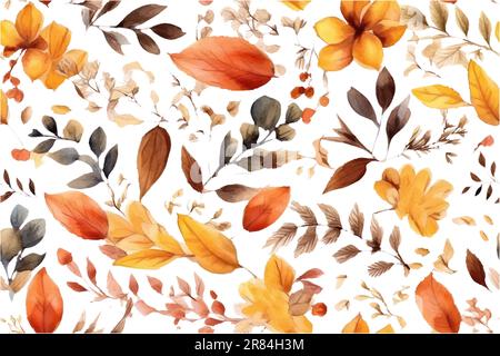 Vektordarstellung des Aquarellensatzes von rot-orangefarbenen Blättern auf weißem Hintergrund Stock Vektor