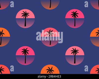 Nahtloses Muster mit Palmen bei Sonnenuntergang im Retro-Stil von 80s. Sommerzeit, futuristische Sonne mit Palmen im Synthwelenstil. Design für Print, promotio Stock Vektor