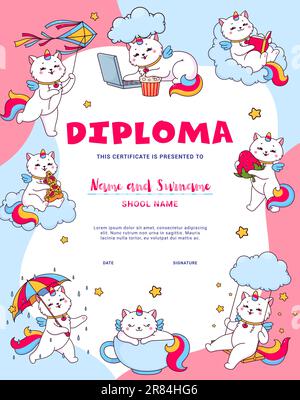 Kinder Diplom Cartoon niedliche Caticorn Charaktere. Vector-Zertifikat für kindische Auszeichnung mit Kawaii-Einhorn-Katzenfiguren auf Wolke beim Lesen, Spielen, Arbeiten am pc, Erdbeeren oder Pizza essen, Spaß mit Drachen Stock Vektor