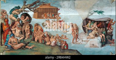 Michelangelo Buonarroti – die Flut – im Hintergrund befindet sich Noahs Arche, das einzige Schiff, das die Flut überleben würde. Stockfoto