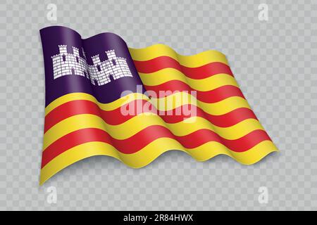 3D Realistic Waving Flag of Balearic Islands ist eine Region Spaniens mit transparentem Hintergrund Stock Vektor