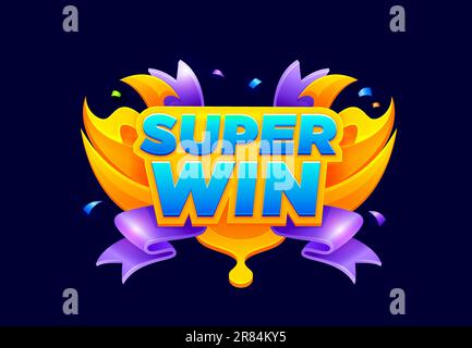 Pop-up-Banner für Spielgewinne. Bildschirm oder Symbol für den Sieg des Jackpots im Glücksspiel, ui-Vektorzeichen für die 2D-Bewertung der Arcade-Bewertung, Popup-Banner für den Gewinn der GUI-Ebene. Glückwunsch zum Casino-Slot-Abzeichen mit violettem Band und Konfetti Stock Vektor