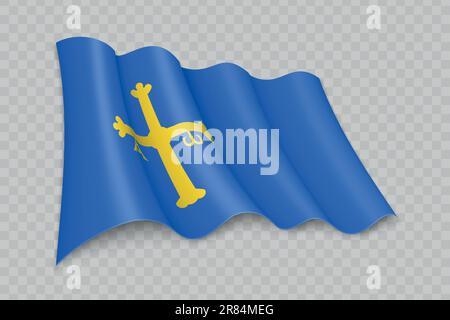 3D die realistische winkende Flagge Asturiens ist eine Region Spaniens mit transparentem Hintergrund Stock Vektor