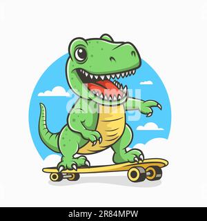 Vector Happy und lächelnder Dinosaurier. Cartoon Grüner Dinosaurier Tyrannosaurus Rex, Tyrex mit Umriss auf Skateboard, Designvorlage, Skater Dinosaurier. Komisch Stock Vektor