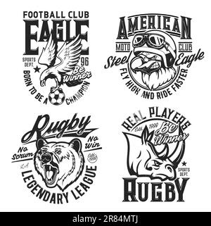 Maskottchen für Bären, Nashörner und Adler, T-Shirt-Muster für Sportvereine und Moto-Rennen, Vektorzeichen. Abzeichen für Rugby- oder Fußballmannschaften, Turnierclubs, Motocross-Rennen und Speedway-Rallye Stock Vektor