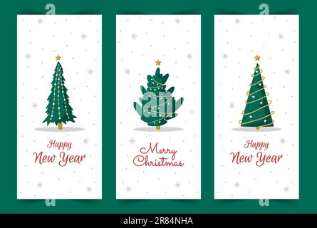 Vorlage für Weihnachtsgeschichten. Vertikale Hintergründe für soziale Medien. Neujahrsdesign im süßen skandinavischen Stil. Weihnachtsbaum und Schneeflocken zum Design von Stock Vektor