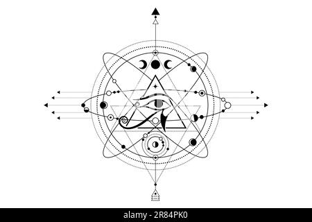 Eye of Horus Logo-Design. Das antike Symbol der ägyptischen Pyramide, Drittes Auge, kosmische Symbole, Umlaufbahnen von Planeten, Mondsystem. Vektor auf weiß isoliert Stock Vektor