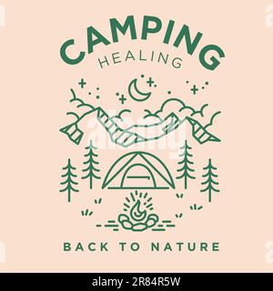 Eine klassische Monolin-Szene zum Camping umfasst Zelt, Lagerfeuer, Berge, Mondnachtvektor Stock Vektor