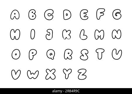Unregelmäßige Formen Schwarze englische lateinische abc-Schriftart A bis z. Vektordarstellung im handgezeichneten Kritzelstil isoliert auf weißem Hintergrund. Für die Dekoration Stock Vektor