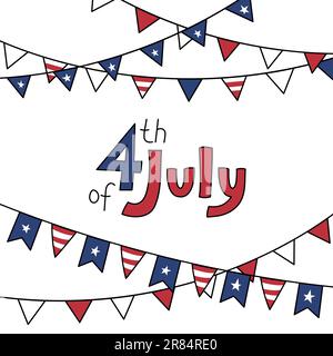 4. Juli USA Unabhängigkeitstag. Vektor-Grußkarte. Flaggenfarben der Vereinigten Staaten von Amerika. Illustration von dekorativen handgezeichneten Elementen und Stock Vektor