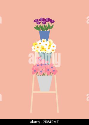 Blumensträuße auf Holztreppe Stock Vektor