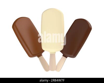 Weiße, mit Milch und dunkler Schokolade beschichtete Eiscreme auf weißem Hintergrund Stockfoto