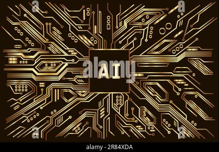KI künstliche Intelligenz Chip Gold Schaltung Hintergrund dunkle Technologie futuristisch Stock Vektor