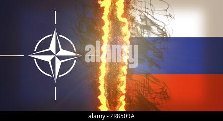 Flaggen der NATO und der Russischen Föderation, deren Mitte mit Flammen und Rauch bedeckt ist, da aufgrund des Krieges in der Ukraine ein unmittelbares Konfliktrisiko besteht Stockfoto