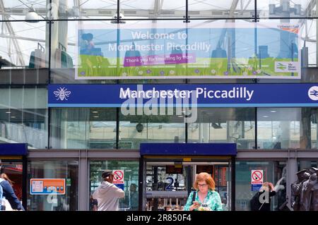 Manchester, Vereinigtes Königreich, 19. Juni 2023. Passagiere, die am Bahnhof Manchester Piccadilly, Manchester, Großbritannien, abreisen und ankommen. Network Rail hat die Pläne für zwei neue Bahnhöfe am Piccadilly Bahnhof in Manchester gestrichen, mit denen die Überlastung des Eisenbahnsystems verringert werden sollte. Vor mehr als zehn Jahren wurden diese Pläne für die neuen Plattformen 15 und 16 in Piccadilly ausgearbeitet. Das Verkehrsministerium (DfT) sagte, dass diese Stornierung „alle Optionen in Betracht ziehen wird“. Kredit: Terry Waller/Alamy Live News Stockfoto