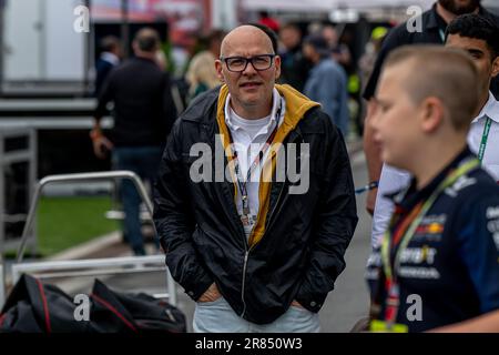 CIRCUIT GILLES VILLENEUVE, KANADA - 18. JUNI: Jacques Villeneuve, während des kanadischen Grand Prix am Circuit Gilles Villeneuve am Sonntag, den 18. Juni 2023 in Montréal, Kanada. (Foto: Michael Potts/BSR Agency) Stockfoto