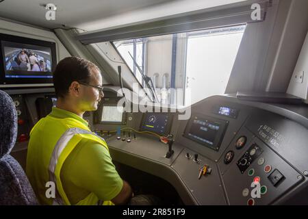 Offenburg, Deutschland. 19. Juni 2023. Ein Triebfahrzeugführer sitzt in einem batterieelektrischen Zug, der in einem neuen SWEG-Depot in Offenburg steht. Die Werkstatt ist für batteriebetriebene Züge vorgesehen, die auch in der Region Ortenau in Zukunft eingesetzt werden. Nach mehreren Testläufen werden die Siemens Mireo Plus B-Züge nach Angaben des Verkehrsministeriums erstmals in Baden-Württemberg eingesetzt. Kredit: Philipp von Ditfurth/dpa/Alamy Live News Stockfoto