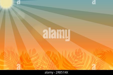 Horizontaler Sommerhintergrund mit Sonnenstrahlen und tropischen Blättern. Sommerbanner mit Platz für die Inschrift Stock Vektor