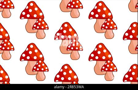 Nahtloses Muster mit roten Pilzen auf weißem Hintergrund in flachem Stil. Vektordarstellung Stockfoto