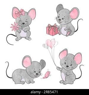 Ein Set süßer, kleiner Zeichentrickmäuse. Vektor-Aquarell-Maus-Sammlung. Stock Vektor