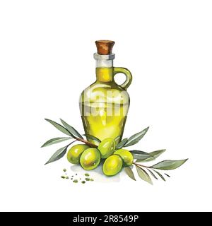 Vektordarstellung der Olive-Flasche. Handgezeichnetes Aquarellgemälde auf weißem Hintergrund Stock Vektor