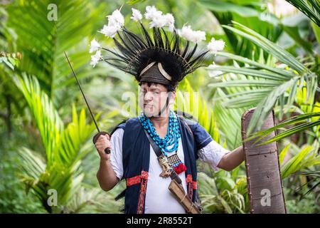 Ein Mann aus dem Stamm der Adi aus dem Nordosten Indiens, gekleidet in traditioneller Kleidung, mit einem speziellen Hut mit Federn, Dolch und einem Schild, Assam Stockfoto