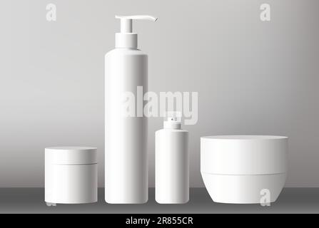 Leere kosmetische Verpackungsmodelle. Becher, Flasche mit Presspumpe, kleine und große Flaschen. Stock Vektor